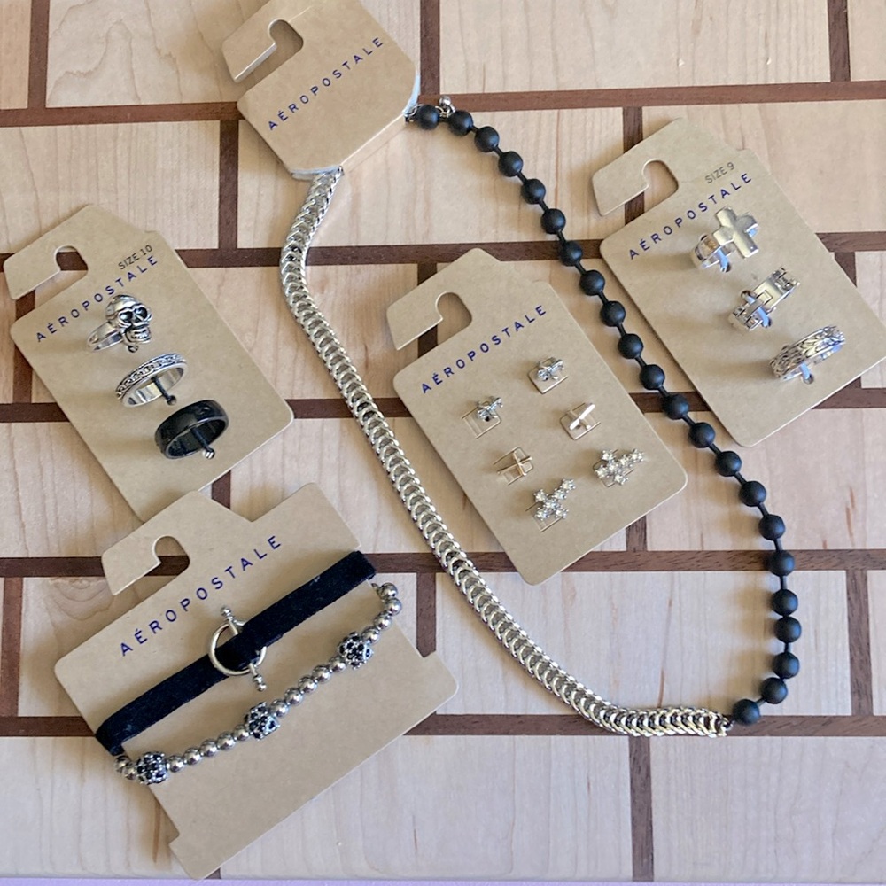Aeropostale 5 Piece Jewelry Bundle #3 Punk Goth Black Silver NWT
